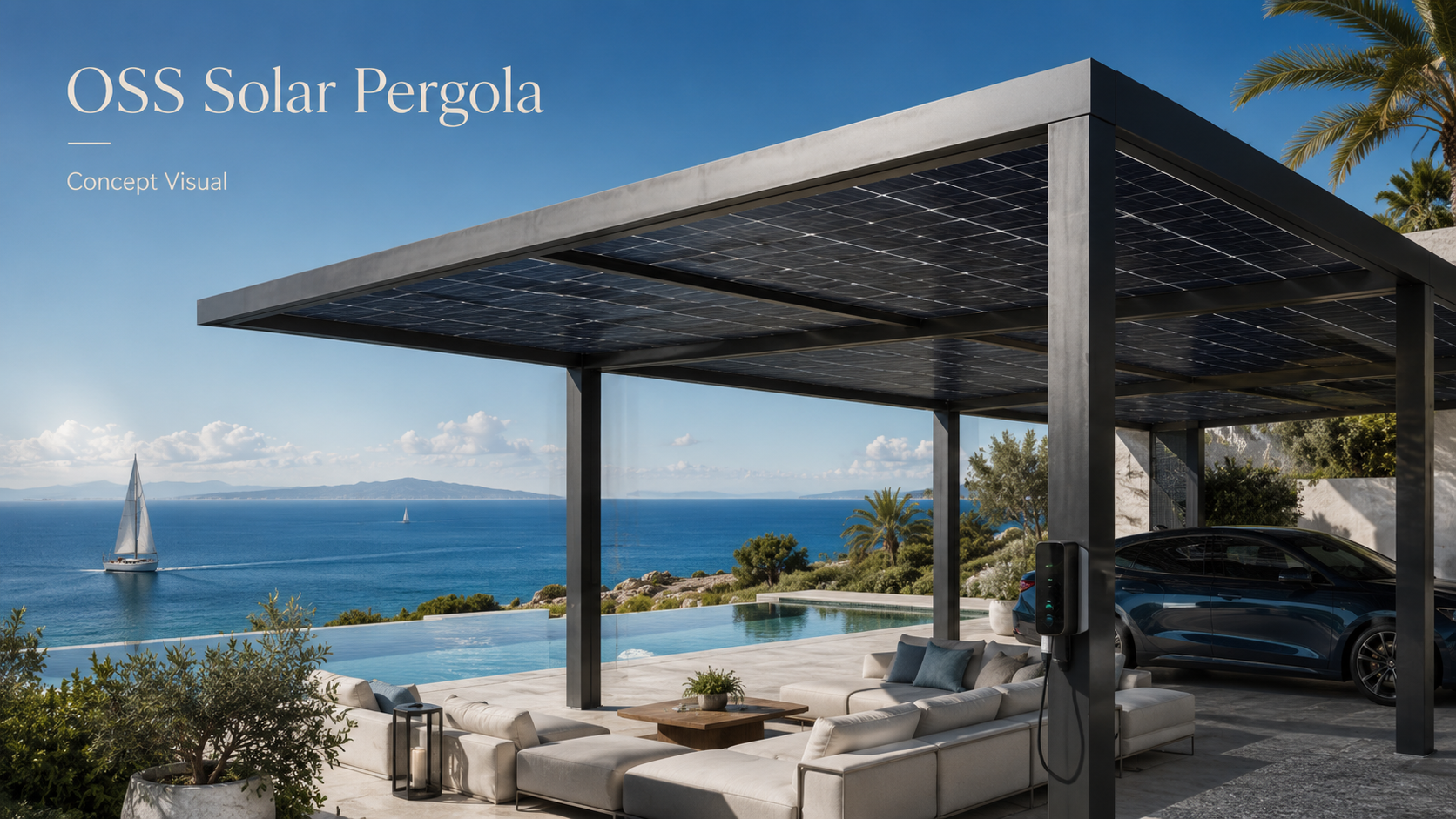 Modern coastal solar pergola with solar panels, shaded lounge area and EV charging concept.